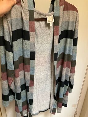 TRU SELF 2X Striped Hooded Cardigan in Gray, Navy, Olive & Mauve NWT